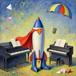 rocket boots, superhero cape, sheet music, a piano, a parachute, confetti, origami paper, neo - impressionist, surrealism