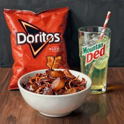 Realistic still life of a bowl of doritos and a glass of mountain dew, by Fantin-Latour, 1866,
