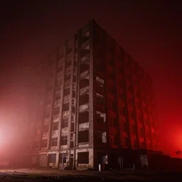 ominous brutalism building, creepy red fog, nighttime. dramatic lighting,