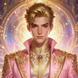 Sam Hyde as magical prince, sigma and gigachad, big red eyes, peaceful expression, fantasy, intricate pink and gold ornate suit, modeling for Dulce and Gabanna, accurately portrayed, portrait art by James Jean and Alphonse mucha, highly detailed, digital painting, concept art, illustration, multiversal paradise shining rgb luxurious lights, trending on artstation, very detailed, smooth, sharp focus, octane render, close up