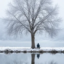 a lonely man sitting alone by the tree which is covered with tiny snow flakes, image background is reflected