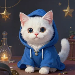 colorful and Festive Captivating cute mage white kitten, with a blue hoodie, atmospheric lighting, painted, intricate, highly detailed by Charlie Bowater
