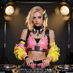 cyberpunk photorealistic character, tech wear outfit, wearables, music deejay, dj, gorgeous, similar to emily ratajkowski, pink and yellow, edgy, piercing, awe inspiring, artstation hd, 8 k, detailed, intricate, ornate, studio lights, golden ratio, masterpiece
