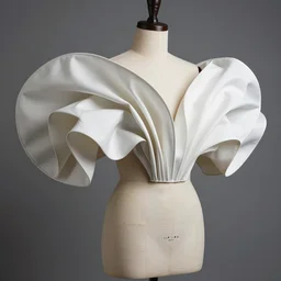 ball shaped accordion sleeve haute couture, striking pose, dynamic folds, volume flutter, modeled by designer bust, expert composition, professional retouch