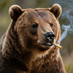 pop art headshot of a grizzly bear smoking a joint.