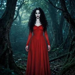 in the style of zhelong xu, full body, pretty alyson hannigan, evil dead demon, evil dead movie, red dress, brandon woelfel, symmetrical eyes, symmetrical face, long curly black hair, trees, forest, branches, cinematic lighting, evil dead creature, scary
