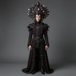 a portrait of nosferatu by erwin olaf and nekro borja, photorealistic, intricate details, hyper realistic, dark fantasy, rococo onyx headpiece, crystals, photorealistic, canon r 3, photography, symmetrical features, symmetrical pose, wide angle shot, head to toe, standing pose, feet on the ground