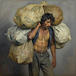 indigenous man carrying a lot of bags, painted by lucian freud, hd, super detailed, realistic, muted colors