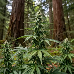 of marijuana plants instead of coastal redwood trees in the redwoods forest in california, 4 k photorealism hd