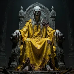 a tall pale humanoid being sitting upon an ornate stone throne, 4K, digital art, horror, dramatic, wearing a long yellow rotting garment, dark, hyperrealistic, perspective,