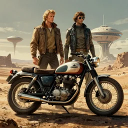 moebius and ralph mcquarrie style, vintage classic motorcycle, retro futuristic sci - fi, blade runner 2 0 4 9, technical illustration