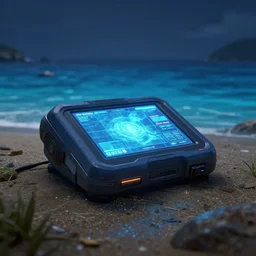 strange digital device on the shore of a clear blue ocean with dark and moody lighting, rendered in bryce 3 d and daz, ray - tracing, 3 d video game, futuristic, science fiction, atmosphere, depth of field, vibrant color, trending on artstation, ultra high detail, cinematic, focused