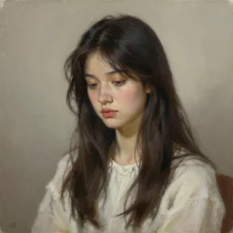 a portrait of a beautiful dark hair waif girl, bored, illustration, soft lighting, soft details, painting oil on canvas by Edmund Blair Leighton and Charlie Bowater octane render trending on artstation, 4k, 8k, HD