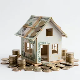 a house, under construction, made of money, with piles of coins around it