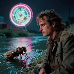 unkempt drunkard ( ( ( ( ( ( joaquin phoenix ) ) ) ) ) ) with sideburns worn in old grey jacket looking at the huge insect near the river, movie with cinematography of christopher doyle, neon light, discoball, anamorphic, optical flares, award - winning photo, kodak film, masterpiece, 8 k