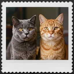 beautiful portrait two cats, gray and ginger cats, beautiful polaroid photo, beautiful postage stamp
