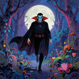 Vampire traveling through a beautiful psychedelic world, illustrated by Roger Dean, masterpiece, vibrant colors, trending on artstation