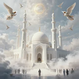 wide shot of heaven, holy, people, oman, gothic, white, perfect 4 k, smokey, ole thomas style, giovanni paolo panini style epic, volumetric, symmetrical, extremely detailed, environment, insanely detailed, style of charlie bowater, kelly mckernan, flying angels, concept art