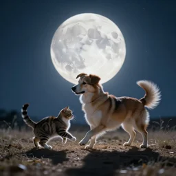 A dog and a cat waltzing in the moonlight