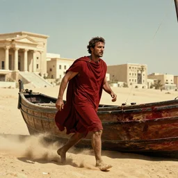 movie still of a man in red drapery in a blood barque next to a neo - classical city in the desert, eastmancolor, heavy grain, high quality, high detail, run, mud