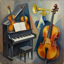 an abstract cubist oil painting of musical instruments including piano violin cello trumpet horn