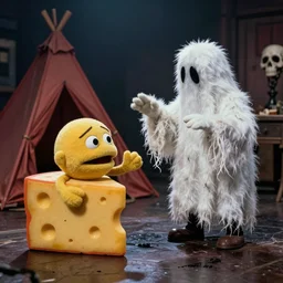 a color still from a weird 1972 kids tv show where a sad cheese puppet and a furry ghost have a tickle party with death tent, grunge, horror, distressed, wet