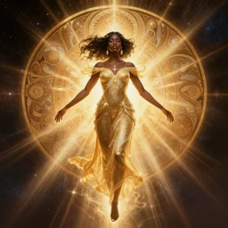 black african princess, warm volumetric lighting, cosmic, symmetric, highly detailed, elegant, concept art, heavenly, god rays, glowing aura, warp speed, intricate, sharp focus, illustration, alexandros pyromallis, bouguereau, rutkowski, artgerm, alphonse mucha