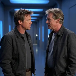 movie still, 1 9 8 0 s, harrison ford and john carpenter talking, sci - fi corridor in the background, photorealistic, hyperdetailed, by ridley scott and john carpenter, blue leds