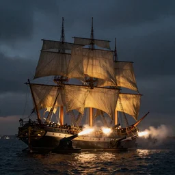 an extremely detailed masterpiece of the sailing vessel bonhomme richard with canons discharging in early evening, in the style of louis phillipe crepin, epic scene, extremely moody lighting, glowing light and shadow, atmospheric, shadowy, cinematic, 4 k