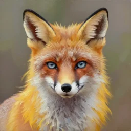 A head-on detailed oil portrait of a beautiful fox with pale blue eyes and long yellow hair by greg rutkowski and artgerm, trending on artstation
