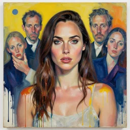 portrait of gal gadot, by vincent lefevre and hernan bas and pat steir and hilma af klint, psychological, photorealistic, dripping paint, washy brush, rendered in octane, altermodern, masterpiece