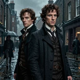 a detailed matte portrait of sam and dean winchester in a supernatural sherlock holmes story, 1 8 th century london in the rain, city streets, ominous, masterpiece, 8 k, art by alphonse mucha and greg rutkowski