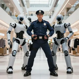 Masculine Police Robots Strike Macho Poses in a Futuristic Shopping Mall