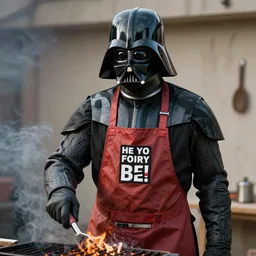 darth vader grilling wearing a apron with a funny joke on it, realistic