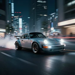 photo of a porsche 911 at night drifting through a city, octane render, cinematic, 4k, long exposure photography, tokyo drift, fast and furious, film still, night photography, motion blur, lens flare, movie shot, light trail, distortion, wide angle