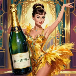 audrey hepburn as a cancan dancer besides a big bottle of champagne in art deco style, hyper realistic, artstation, illustration, digital paint, matte paint, vivid colors, bright, cheerful, detailed and intricate environment