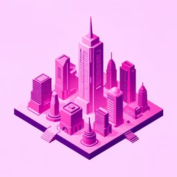 an isometric perspective futuristic city, stylized, minimalist, solar punk, artificial intelligence, magenta colours, illustration, professional, high quality, vector, 3 d, flat