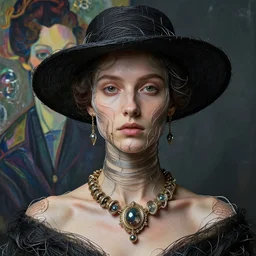seed 1747097482 a beautiful Futuristic portrait with hat made by wires and twisted around her face ,necklace made by wires ,design by Leonardo DaVinci , inspired by egon schiele ,modern art,baroque art jewelry , new classic,hyper realistic,cinematic composition,cinematic lighting,fashion design, concept art, hdri, 4k-1747097482