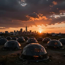 photo inner - city campsite at sunset of a field of futuristic organic geodesic shelter pods for the homeless, geodesic structure, dramatic lighting, black and orange colour palette, long shot, archviz