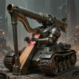 full shot portrait of medieval - cyberpunk - battletank with giant rocketturret and tanktracks playing on the laser harp, cyberpunk 2 0 8 8, cyberpunk gothic city background, elegant, digital illustration, detailed, intricate, sharp focus, digital painting, deep focus, artstation, matte, art by artgerm and greg rutkowski and alphonse mucha