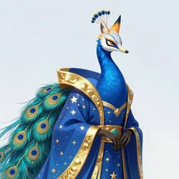 realistic anime screenshot of a rich ethereal colorful blue hybrid of a peacock and fox, accented in bright metallic gold, wearing star filled mage robes and excessive amounts of golden jewelry and gems, art by yuji ikehata and satoshi kon, background art by miyazaki, realism, proper human proportions, fully clothed, vhs