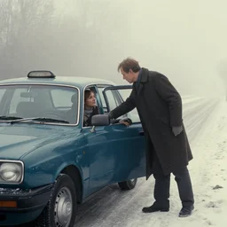 emma getting out of taxi in winter, faded color film, russian cinema, tarkovsky, kodachrome, heavy fog, 4 k, dramatic lighting, greg rutkowski