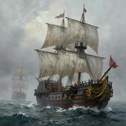a portrait of an pirate ship shooting other ship in the foggy sea, Matte painting , detailed painting, made by Greg Rutkowski, 4k, atmospheric