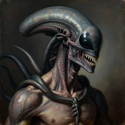 a realistic painting by Raffaello Sanzi depicting the Slender Man with the head of the symbiotic Xenomorph Yautja in the Renaissance era ,smooth,Sharp focus, realism, trending on Artstation.