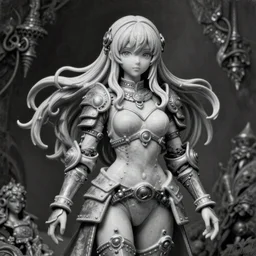 By Tom Bagshaw, ultra realist soft painting of an attractive steampunk anime female porcelain miniature fully armored figurine with long hair floating, photorealistic eyes render looking at camera, curiosities carnival, symmetry accurate features, very intricate details, focus, dark fantasy background, black and white