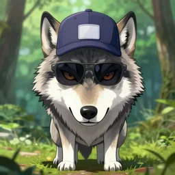 full body wolf wearing sunglasses and a backwards baseball cap, symmetrical face. symmetrical detailed defined eyes. isekai background style, nature, douche