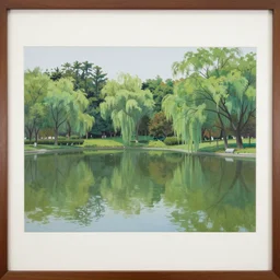 a painting of a pond and trees in a park, a silk screen by wuzhun shifan, behance contest winner, cloisonnism, ukiyo - e, woodcut, detailed painting