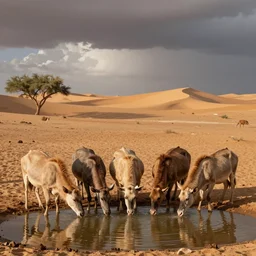 animals drinking at a desert oasis