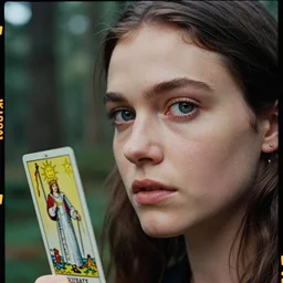 Kodak Portra 400, 8K, highly detailed, major arcana tarot sun style model 3/4 extreme closeup portrait, eye contact, focus on girl model, tilt shift tarot style forest background: famous major arcana tarot movie remake, transformation scene