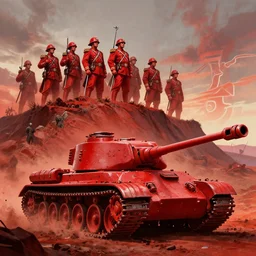 red army on a hill with red tanks, dnd, fantasy, hyperdetailed, artstation, cgsociety, 8 k, propaganda poster